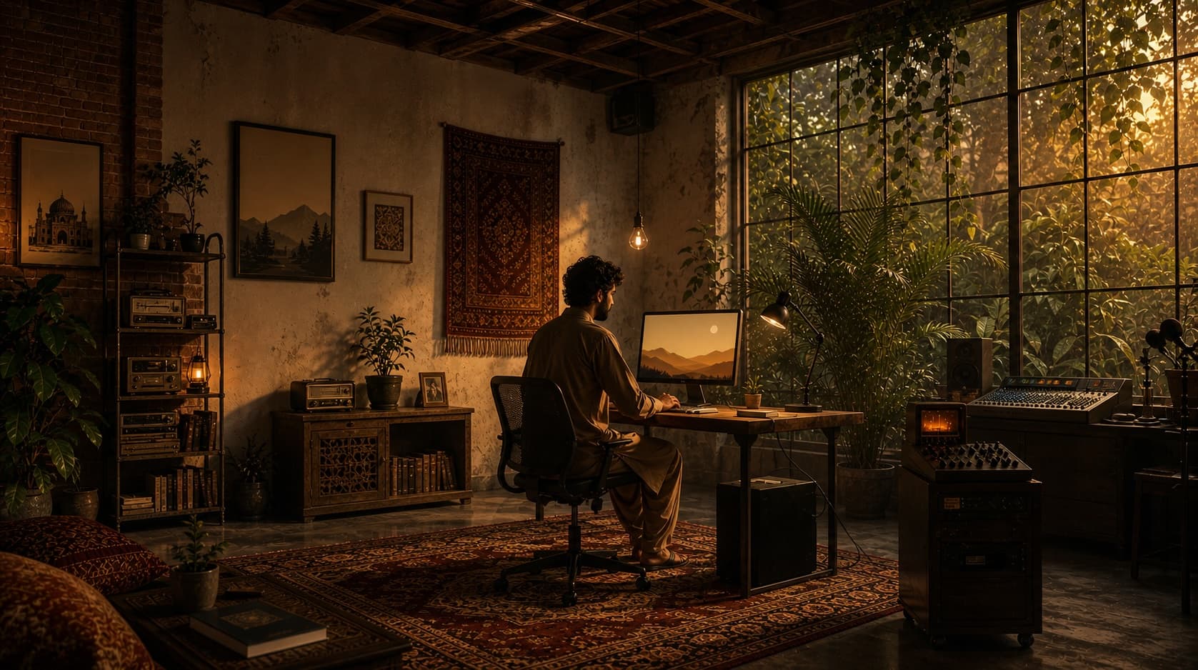 Pakistani freelancer working at a warm-lit desk at dusk