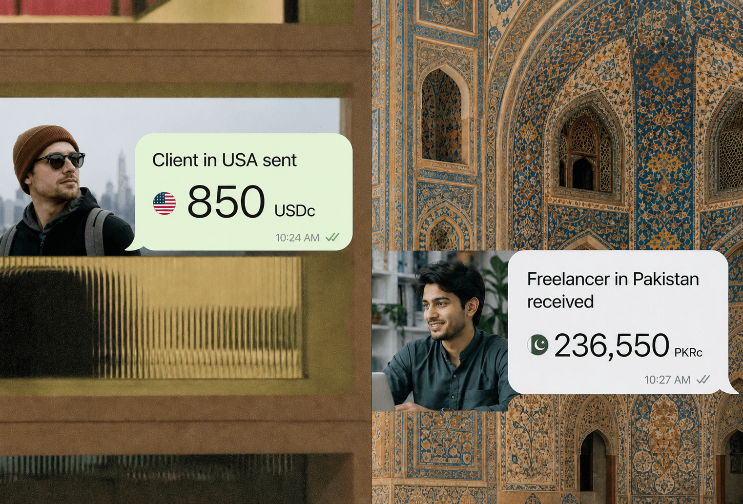 Client in USA sends 850 USDc, freelancer in Pakistan receives 236,550 PKR